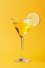 cocktail martini glass alcohol liquid lemon reflection retro summer party poster yellow background...