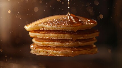 Enhance the texture of a floating stack of pancakes with warm soft lighting   AI generated illustration - obrazy, fototapety, plakaty
