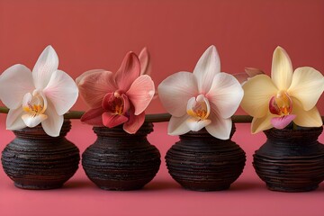 Fototapeta na wymiar Orchid Quintet on Crimson: A Vanilla Symphony. Concept Floral Photography, Color Harmony, Elegant Arrangement, Vanilla Aesthetics, Music-Inspired Concept
