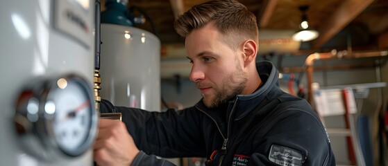 Concentrated Plumber at Work: Home Maintenance Focus. Concept Plumbing Tools, Leak Repairs, Drain Cleaning, Pipe Replacement, Faucet Installation