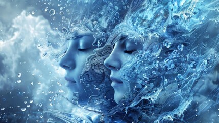Fototapeta premium Ethereal beings frozen in time surrounded by cascading water droplets AI generated illustration