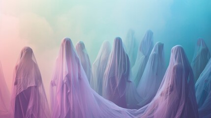 Ethereal beings cloaked in frosty veils drifting through a pastel dreamscape  AI generated illustration - obrazy, fototapety, plakaty