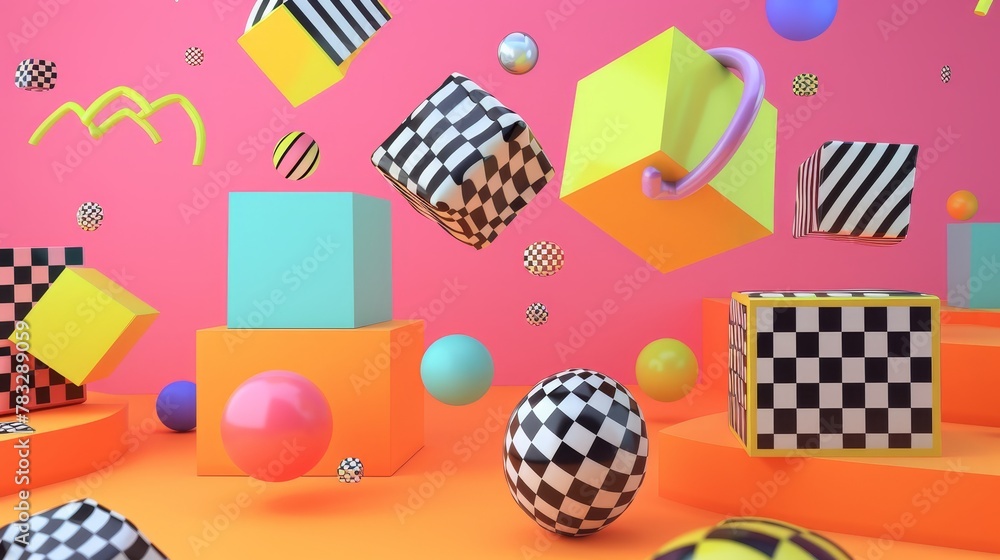 Poster eye-catching geometric patterns in flight 3d style isolated flying objects memphis style 3d render a