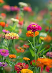 Obraz na płótnie Canvas A field of vibrant zinnias in full bloom, with various colors and shapes of the flowers ,symbolizing life's beauty and an atmosphere of celebration