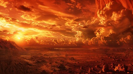 Barren wasteland with a fiery red sky and toxic clouds - obrazy, fototapety, plakaty