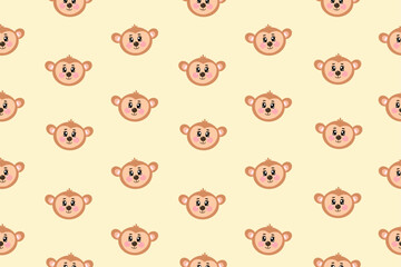 Seamless pattern with cute drawing kawaii face, head of monkey for nursery, print or textile for kids. Vector flat illustration for baby, childrens