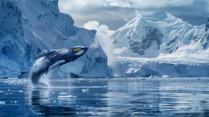 A humpback whale breaches the icy waters, soaring out of the ocean before crashing back down in a spectacular display of strength and grace.
