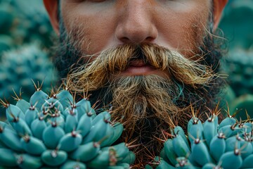 Man beard cactus shaving concept - obrazy, fototapety, plakaty