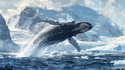A powerful humpback whale is captured in mid-air, gracefully leaping out of the water in Antarctica. The massive creature is seen breaching the surface near an iceberg.