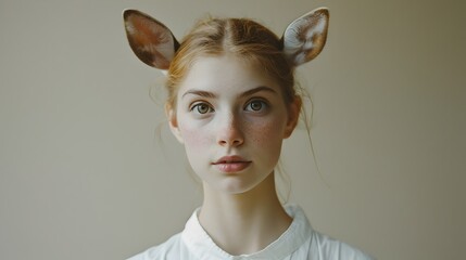 Enchanting Fusion of Deer and Woman in Serene Studio Portrait