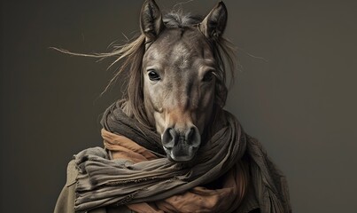 Captivating Hybrid Portrayal:A Waist-up Profile of a Mysterious Woman with the Face of a Horse,Adorned in a Sleek Scarf against a Minimal Background
