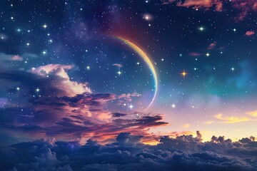 A mystical night sky scene with stars a moon - obrazy, fototapety, plakaty