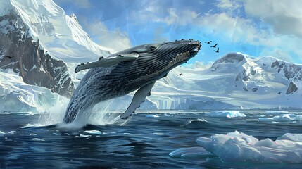 A powerful humpback whale from Antarctica is captured in mid-air as it gracefully leaps out of the water. The massive creatures body is fully exposed, showcasing its majestic size and strength. - 783289876