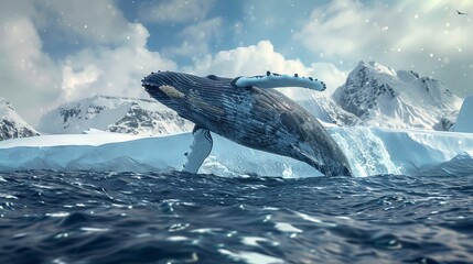 A powerful humpback whale from Antarctica is seen leaping gracefully above the water, with an iceberg in the background.
