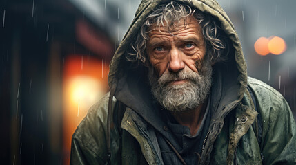 generated illustration portrait of a homeless man with hoodie rainy day - obrazy, fototapety, plakaty