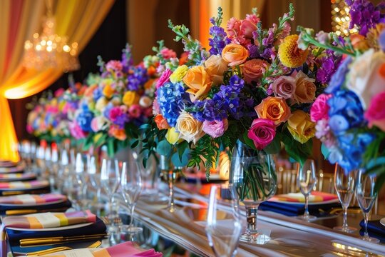 An elegant wedding setting with rainbow-themed decor and floral arrangements