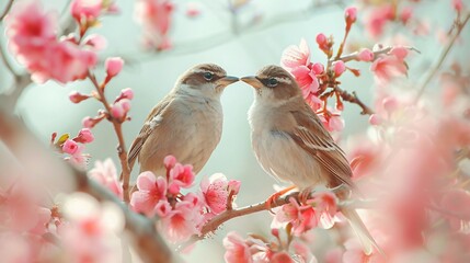 Birds in a dance of courtship amongst blooming flowers captured in the emotive strokes of Romanticism art - obrazy, fototapety, plakaty