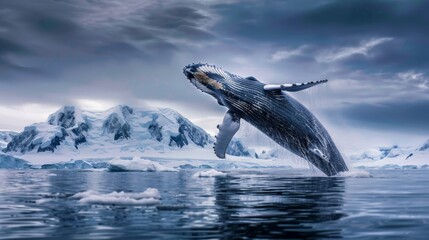 A humpback whale is seen leaping out of the water in Antarctica, with an iceberg in the background. The massive creature displays its power and agility as it breaches the surface.