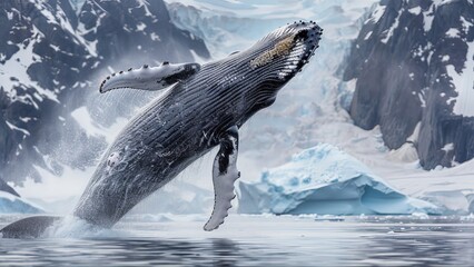 A humpback whale is captured mid-jump out of the water in an incredible display of strength and agility. The backdrop includes the icy waters of Antarctica and a towering iceberg.