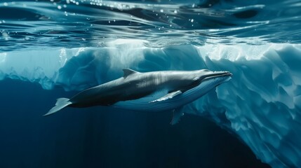 A dolphin swims gracefully in the frigid waters near a towering iceberg. The mammals sleek body contrasts with the icy surroundings as it navigates the chilly ocean.