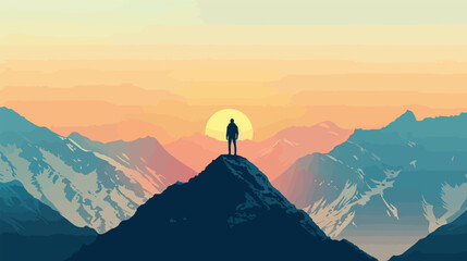 a person standing on top of a mountain at sunset - obrazy, fototapety, plakaty