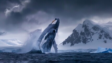 A humpback whale is seen breaching out of the water near an iceberg in Antarctica. The massive mammal gracefully leaps into the air, displaying its sheer power and agility. - 783290893