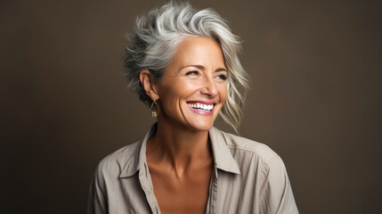 generated illustration of beautiful gorgeous elderly woman 50s age senior model short grey hair - obrazy, fototapety, plakaty