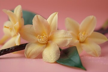 Elegant Vanilla Orchid Blossoms on Pink. Concept Spring Florals, Pink Aesthetics, Fresh Blooms, Vanilla Orchids, Elegant Arrangements