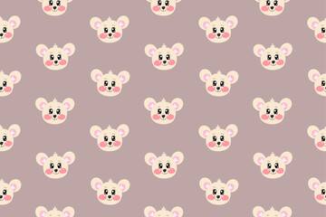 Seamless pattern with vector kawaii little cute mouse face or head for kids, baby, children nursery, fabrics