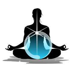 Icon of a yoga meditation in lotus pose with glowing heart drop and star shaped illumination