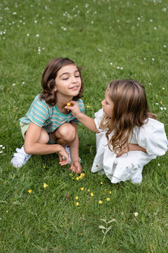 Siblings playing outside with buttercup flowers