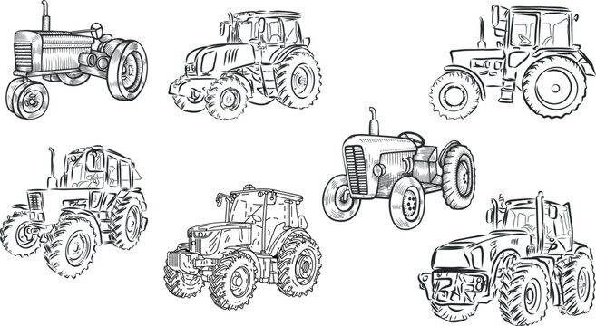 Farming Truck Hand-drawn. Farm tractor sketch. farming concept. Agricultural industry, great set collection clip art Silhouette , Black vector illustration on white background .