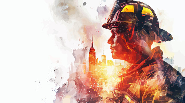 a man in a fireman's helmet with a city in the background