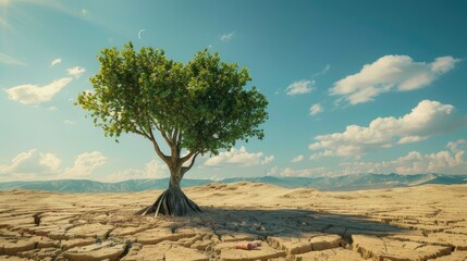 Life ecology solitude concept - lonely green tree in desert dunes - Powered by Adobe