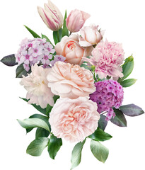 Pink roses, peony and tulip isolated on a transparent background. Png file.  Floral arrangement,...