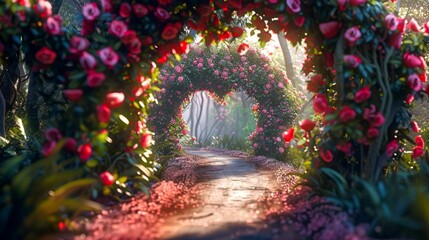 Enchanted Floral Archway in Mystical Forest. Generative ai