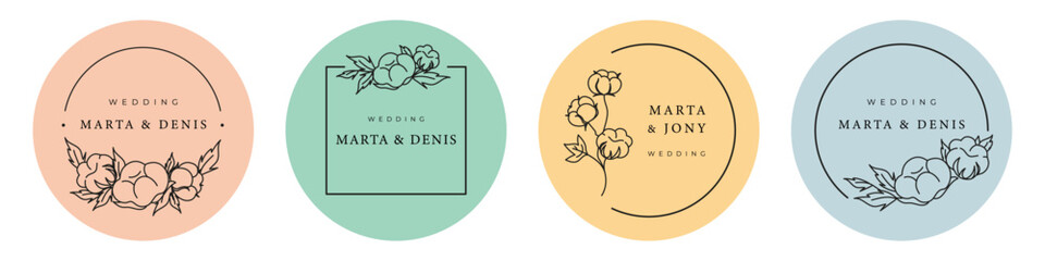 Set of four icon stickers with natural organic cotton drawn black line art for wedding invitation. Flat doodle style. Vector illustration.