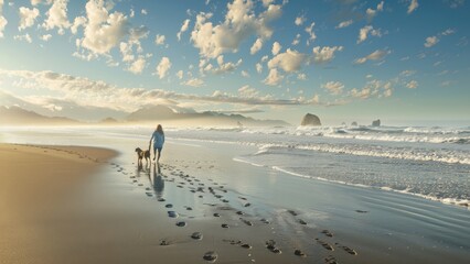 A person and a dog are strolling along the sandy beach, the waves gently lapping at the shore. The sun is shining, creating a peaceful atmosphere as they enjoy their walk together.