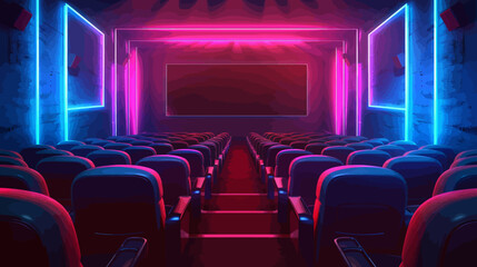 an empty theater with rows of seats and a large screen - obrazy, fototapety, plakaty