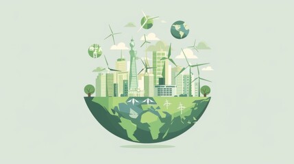 Green Cityscape and Windmills - Eco-Friendly Earth Vector Illustration， sustainable cities and society for earth day