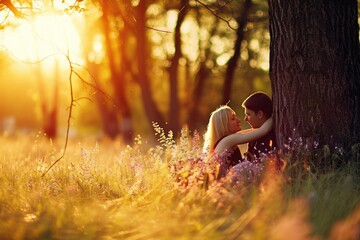 The picture about couple hugging each other has been surrounded with grass under the tall tree in the forest bright by light of daytime in morning or evening at dawn or dusk time of the year. AIGX01. - obrazy, fototapety, plakaty