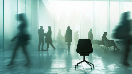 empty chair in an open-concept office space, with silhouettes of company employees in motion around...