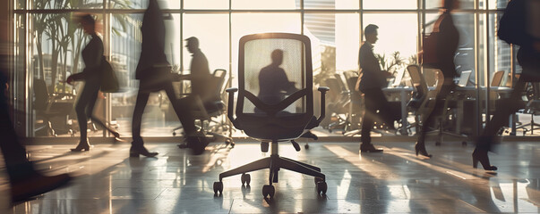 empty chair in an open-concept office space, with silhouettes of company employees in motion around...