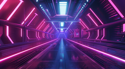 3D tunnel rendered with geometric patterns and neon lights.