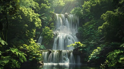 A large, powerful waterfall cascades down rocks in the midst of a dense forest. The water tumbles with force, creating a misty spray that contrasts with the greenery all around. - 783292296