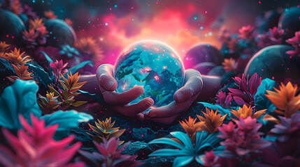 Fantasy composition with human hands gently holding a glowing Earth globe against a backdrop of radiant, otherworldly flora under a starry sky - obrazy, fototapety, plakaty