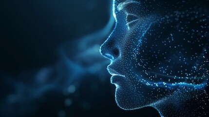 3d virtual human face formed by glowing dots waves network isolated on dark blue technology style background with copy space.