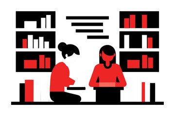 Education, learning illustration.  with two people's in library