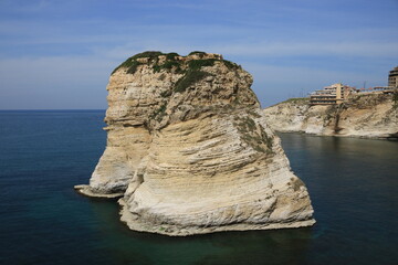 raouche rock in beirut in lebanon with blue sky and sea
