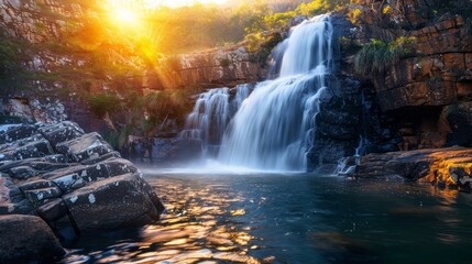 A powerful waterfall cascades into a body of water, surrounded by towering rocky cliffs. The force of the water creates a stunning display of natures beauty.